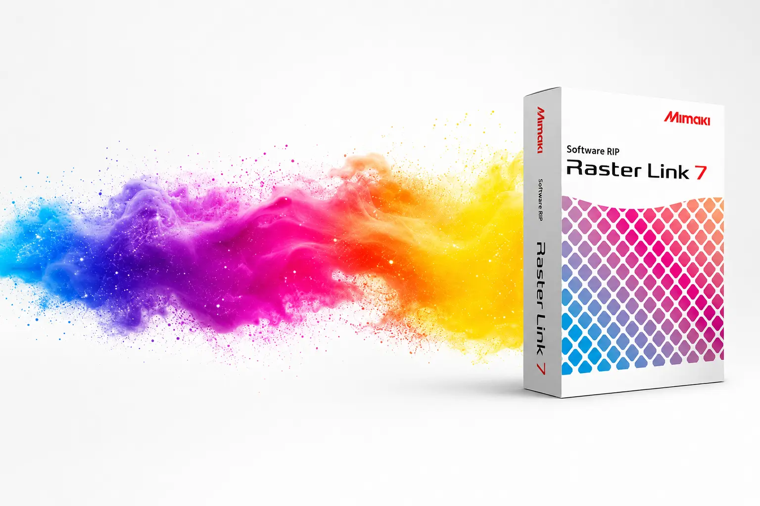 Mimaki RasterLink 7 Software RIP product box on a light banner background, with a colorful powder cloud flowing across the image.